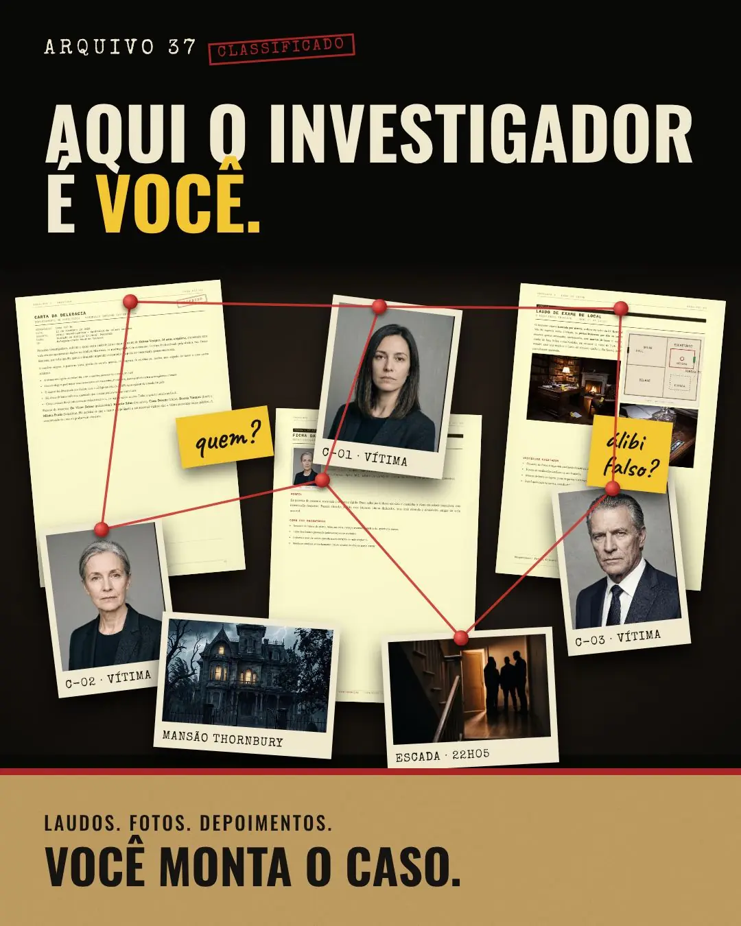 Mesa de investigação com fotos, documentos e fios vermelhos